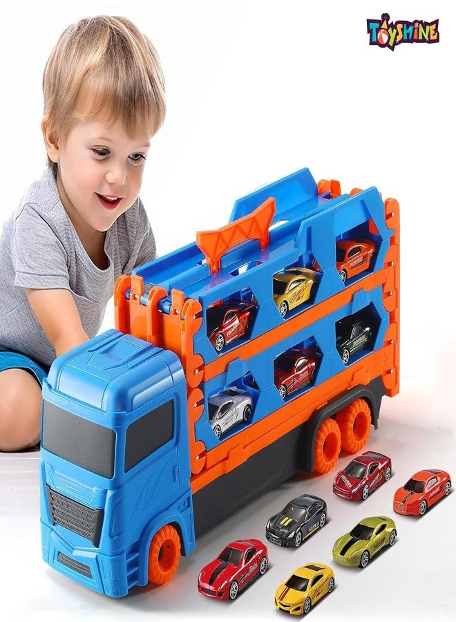 Toyshine Big Hauler Storage & Deform Transport Truck Toy with 2 Foldable Ejection Race Track & 2 Pc Die cast Cars for Kids Boys Girls 3+ Years - Image 2
